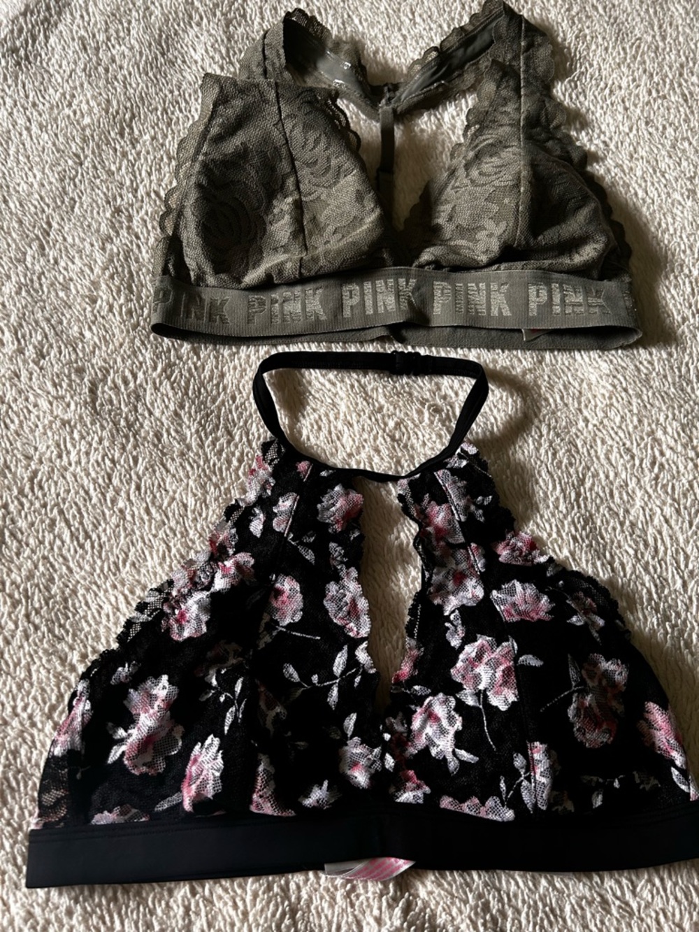 PINK Victoria's Secret Black Floral Lace Thong with Pink Accents